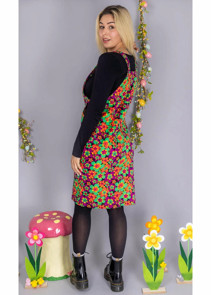 Run & Fly 70's Floral Corduroy Midi Pinafore Dress Purple Green - Image 5