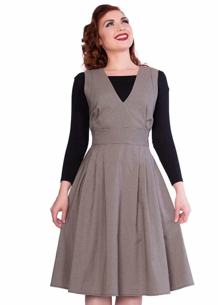 Sheen Lola Check 40's Pinafore Dress Brown