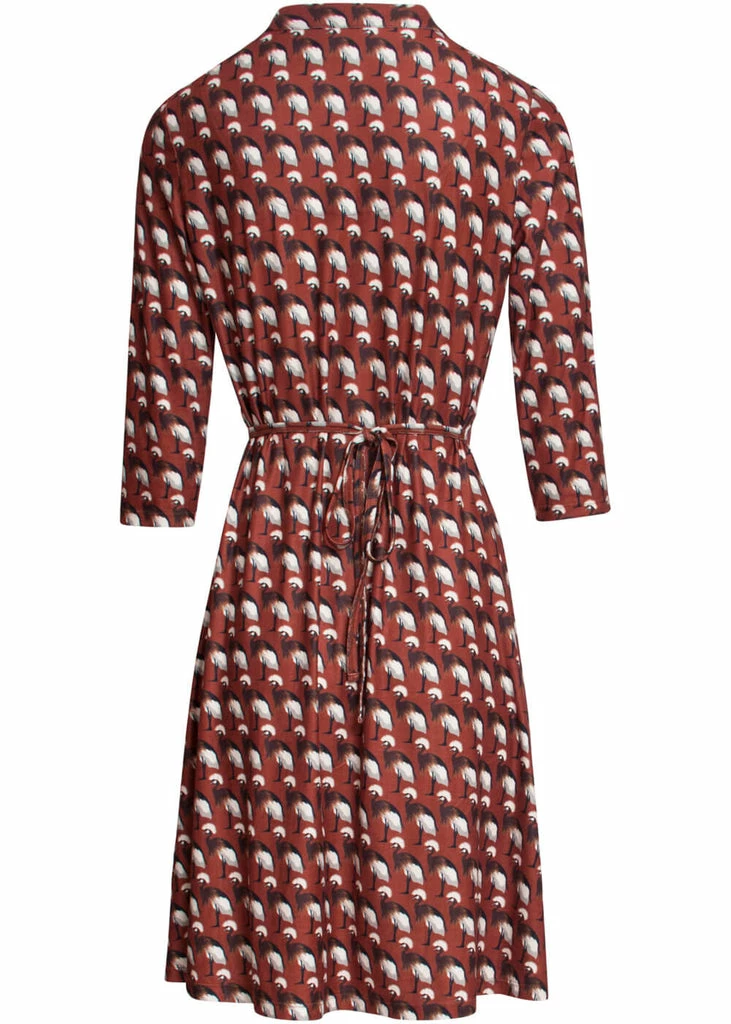 Smashed Lemon Crowned Crane Bird 60's A-Line Dress Cognac - Image 3