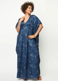 Unique Vintage Burton Golden Galaxy Kaftan Maxi Dress Blue