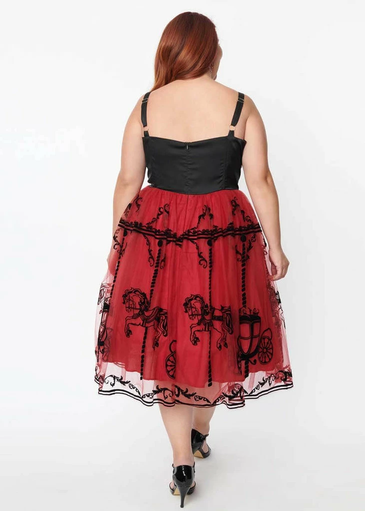 Unique Vintage Bertie Carousel 50's Swing Dress Black Burgundy - Image 2