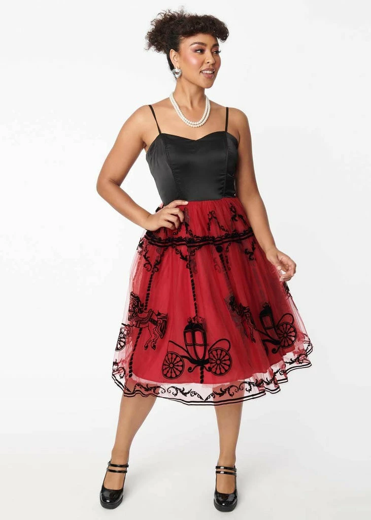 Unique Vintage Bertie Carousel 50's Swing Dress Black Burgundy