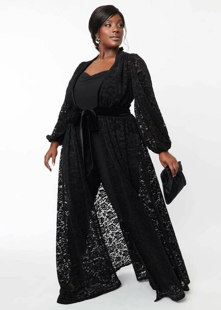 Unique Vintage Hollywood Flocked Lace 50's Duster Black - Image 2