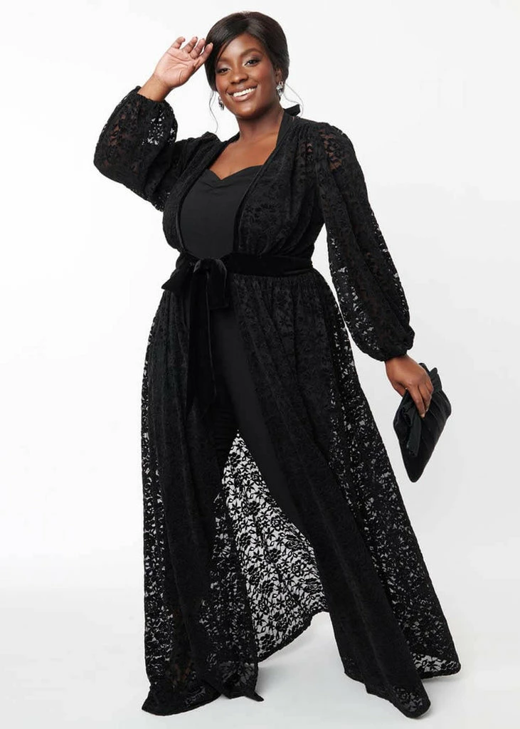 Unique Vintage Hollywood Flocked Lace 50's Duster Black - Image 3