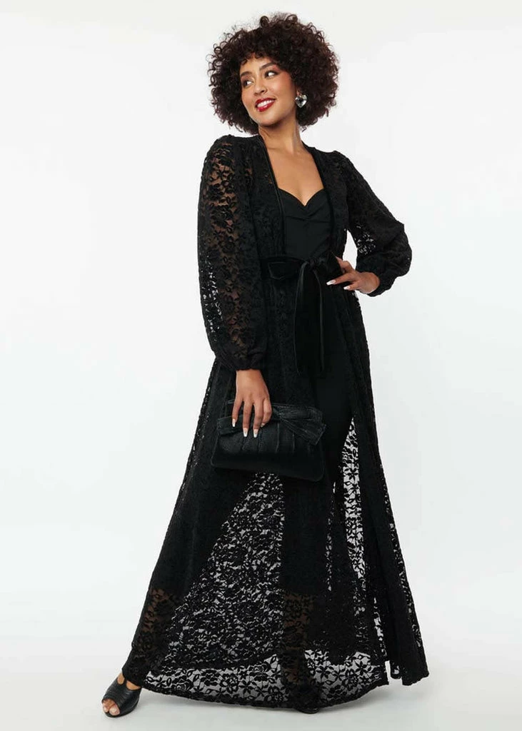 Unique Vintage Hollywood Flocked Lace 50's Duster Black