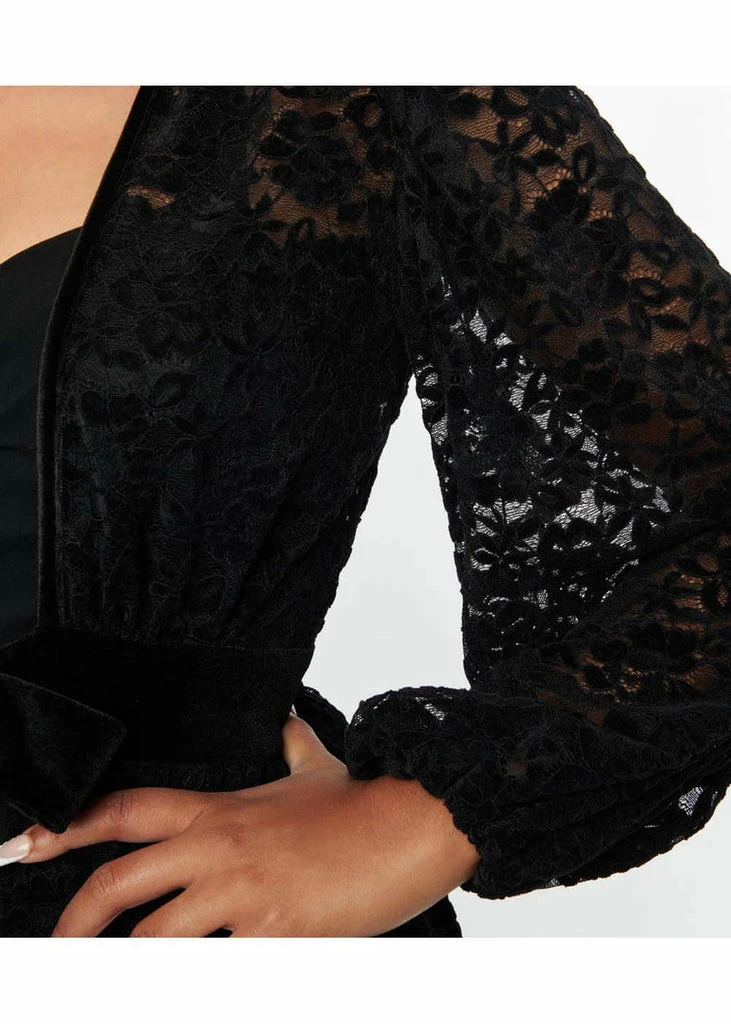 Unique Vintage Hollywood Flocked Lace 50's Duster Black - Image 5