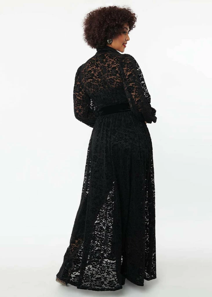Unique Vintage Hollywood Flocked Lace 50's Duster Black - Image 6