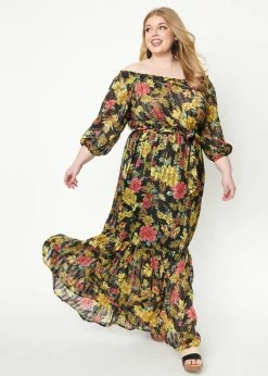 Unique Vintage Sweet Escape 70's Maxi Dress Black Yellow
