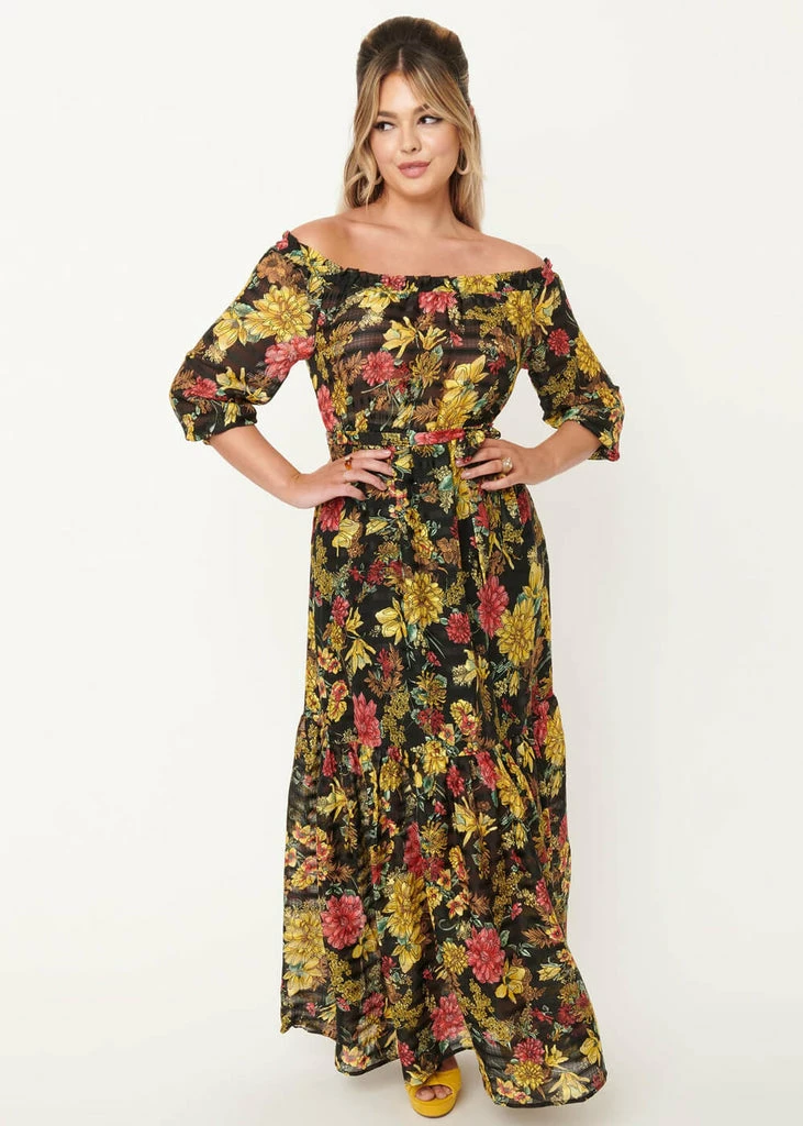 Unique Vintage Sweet Escape 70's Maxi Dress Black Yellow - Image 2