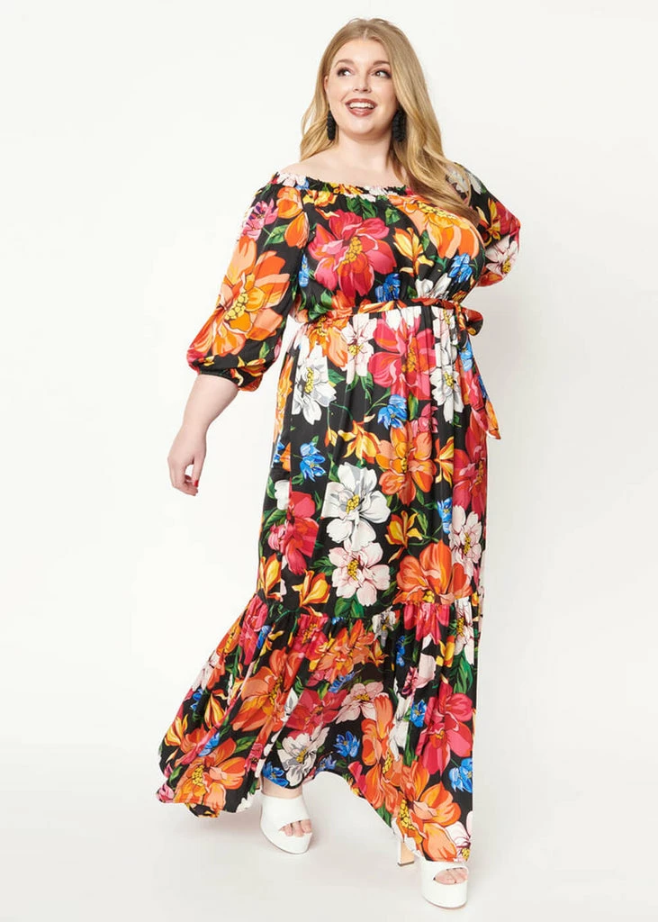 Unique Vintage Sweet Escape 70's Maxi Dress Black Pink - Image 2