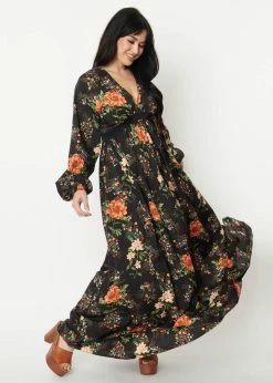 Unique Vintage Buttercup Floral 70's Maxi Dress Black Pink