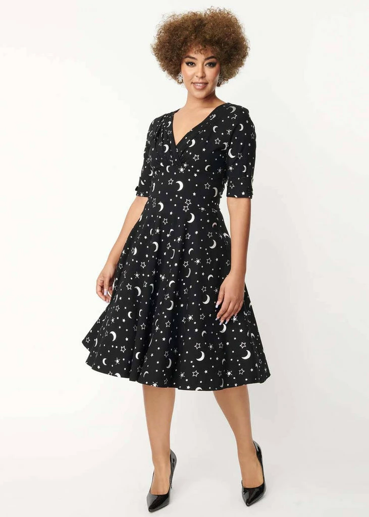 Unique Vintage Delores Galaxy 50's Swing Dress Black Silver